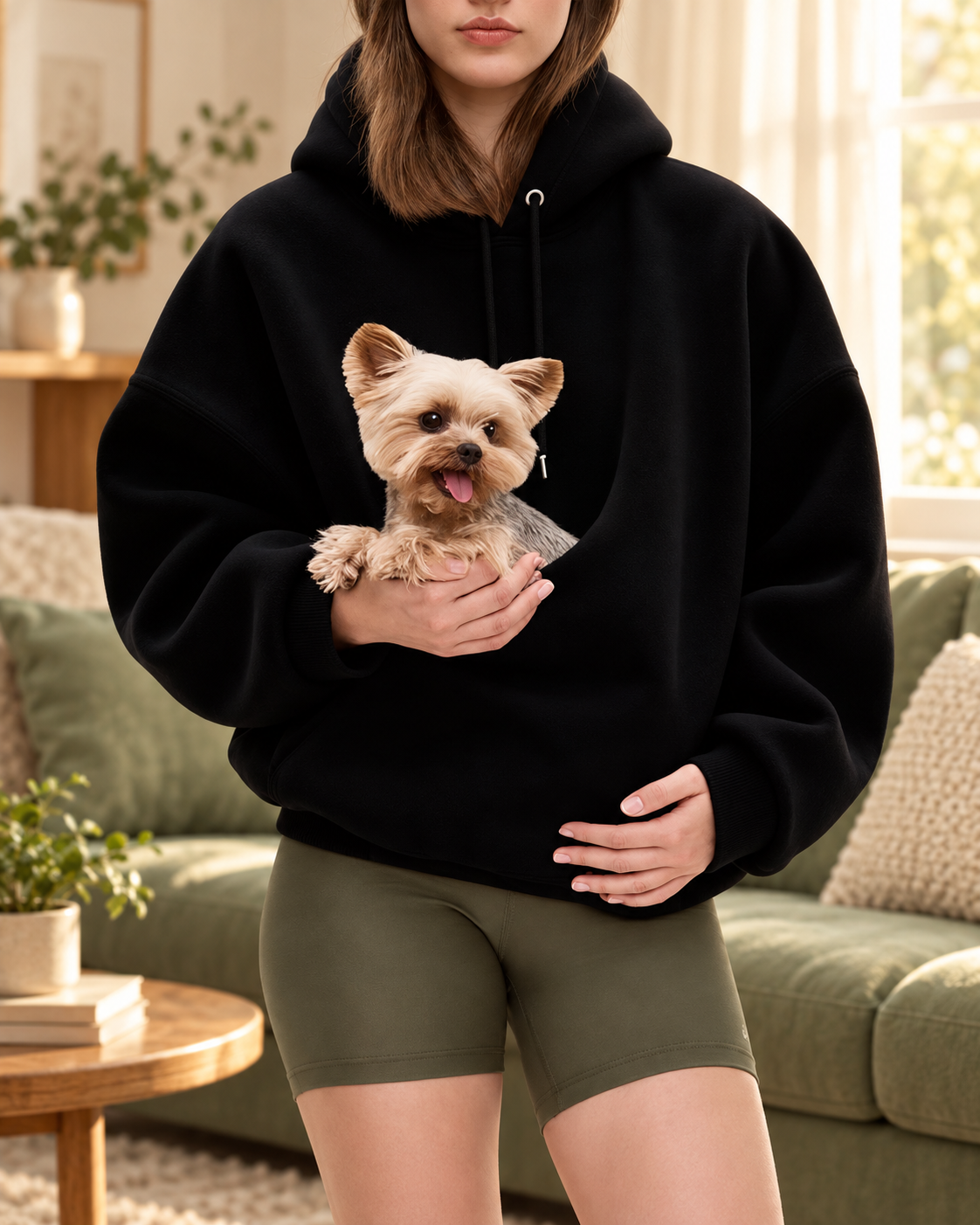 Klarven black pet pouch hoodie in a cozy setting — AI-created brand illustration based on product photo