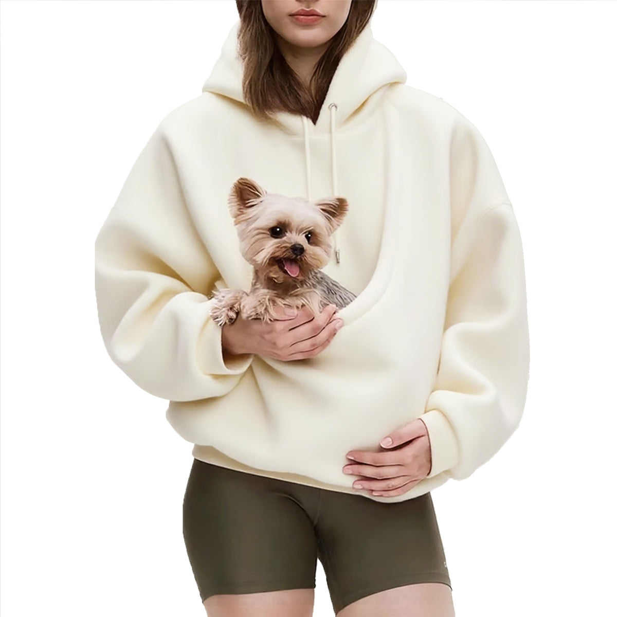 Milky white pet pouch hoodie with a small dog
