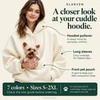 Klarven Cuddle Pouch Hoodie features infographic — AI-created brand illustration showing hood, sleeves, front pouch and size guidance
