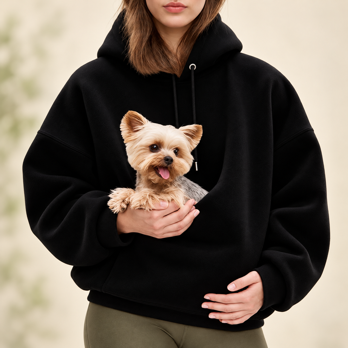 Klarven black pet pouch hoodie detail — AI-created brand illustration based on product photo